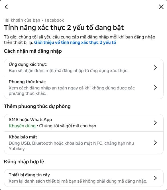 Màn hình Xác thực 2 yếu tố chia ba nhóm phương thức