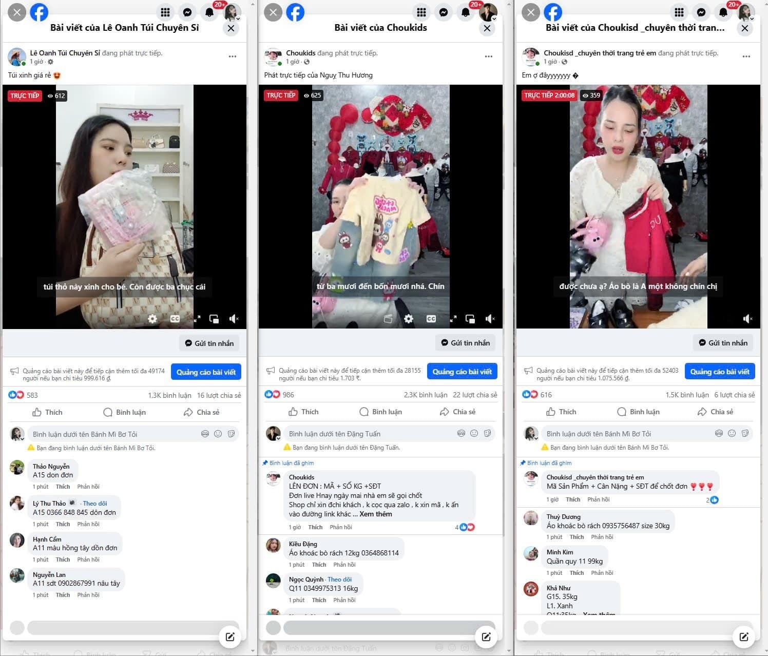 3 phiên livestream Facebook đồng thời của shop OneZ quản lý